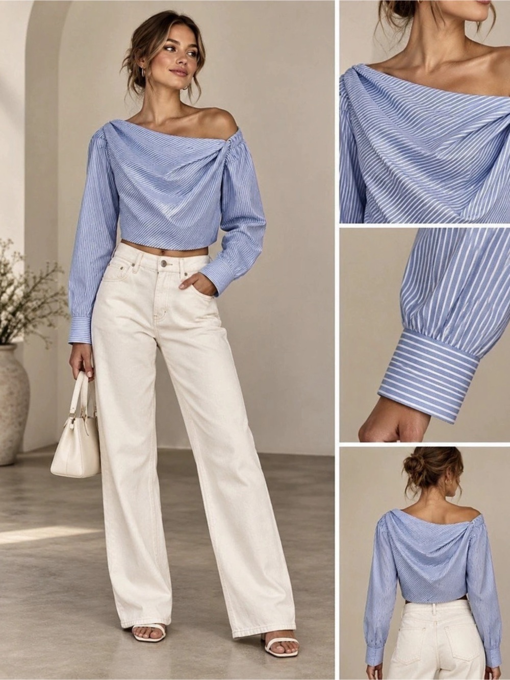 One-Shoulder Stripe Top Blue & White